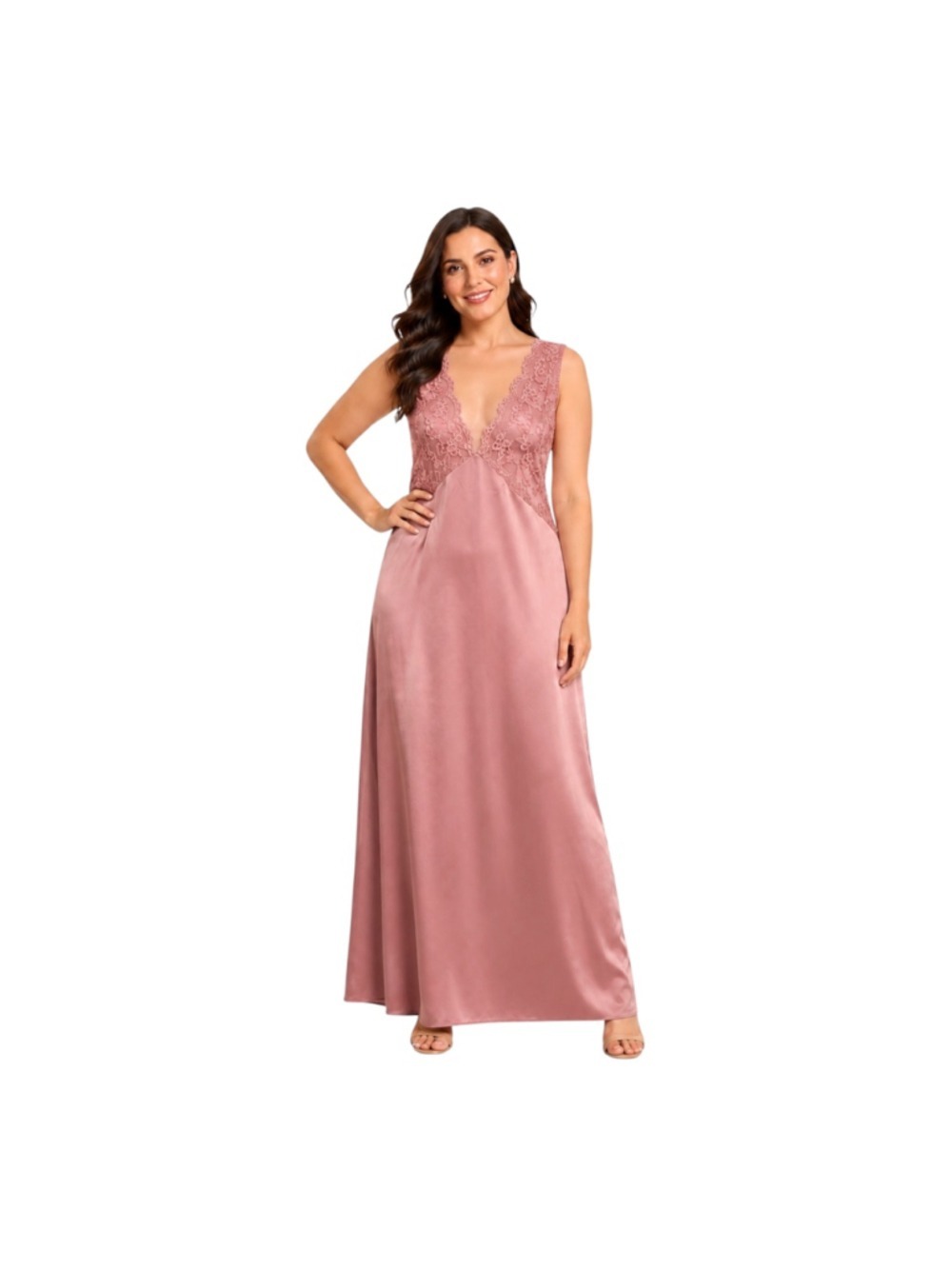 WDIRARA Size Large Dusty Rose Satin Lace Long Nightgown NWT